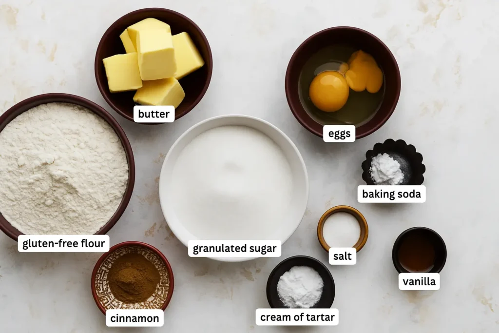 Labeled ingredients for gluten free snickerdoodle cookies recipe including flour, sugar, eggs, butter, and spices