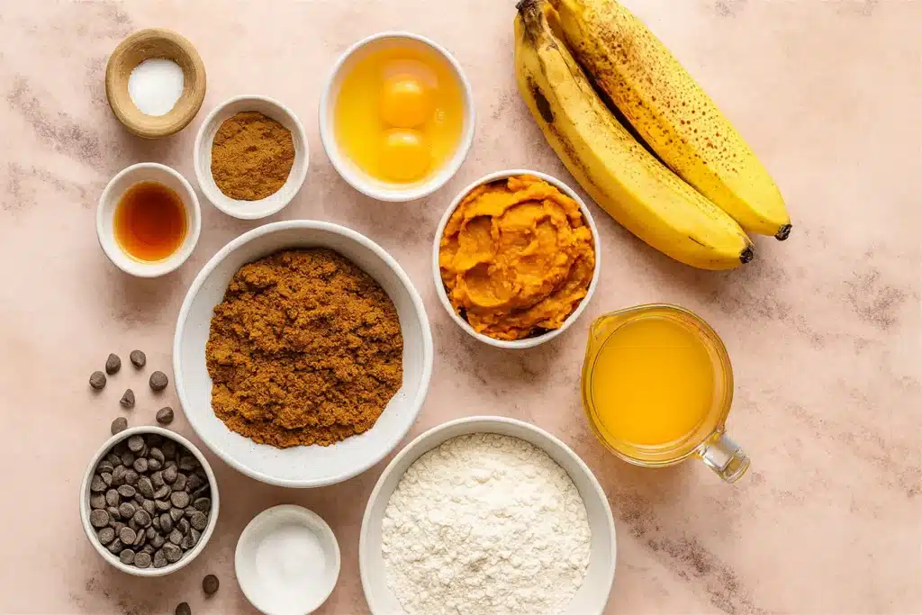 Ingredients for gluten free pumpkin banana bread on a flat lay background