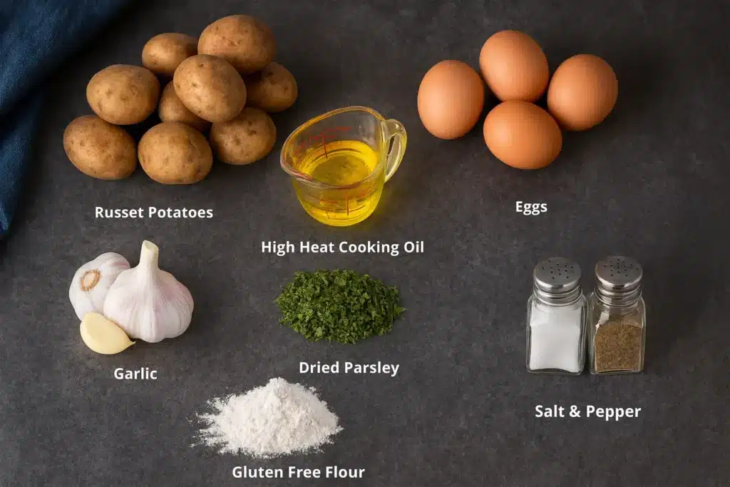 Ingredients for gluten free potato latkes including russet potatoes, garlic, eggs, parsley, oil, and gluten free flour on dark background