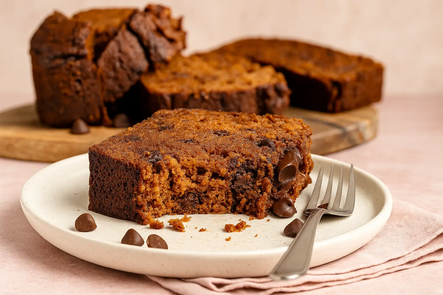 Moist gluten free pumpkin banana bread slice with chocolate chips on plate