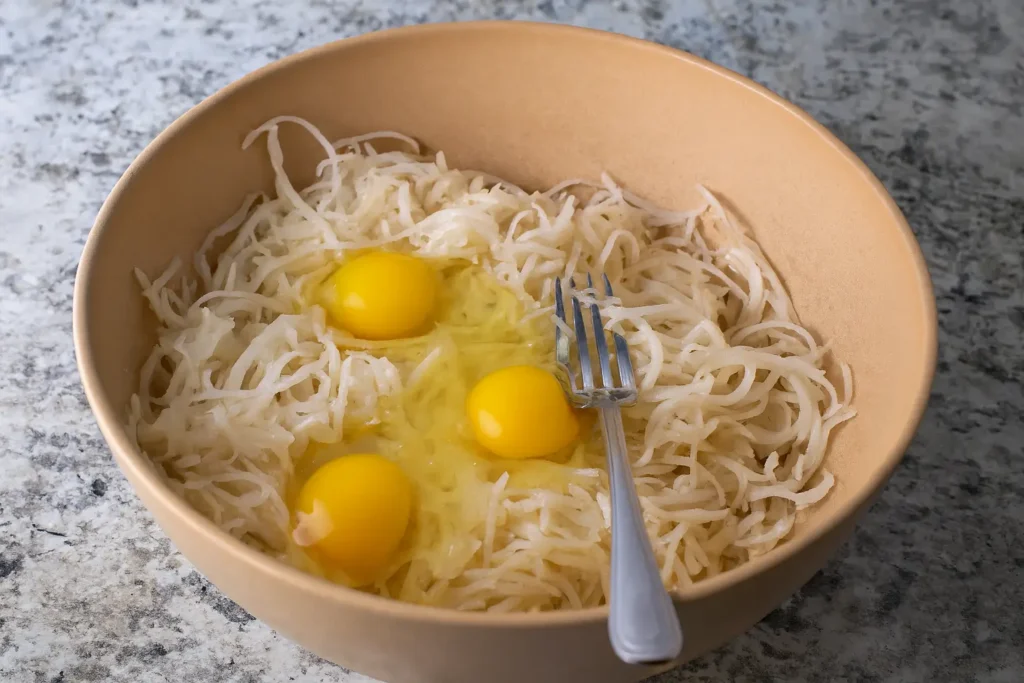 Gluten free potato latkes batter with eggs added to shredded potatoes in mixing bowl